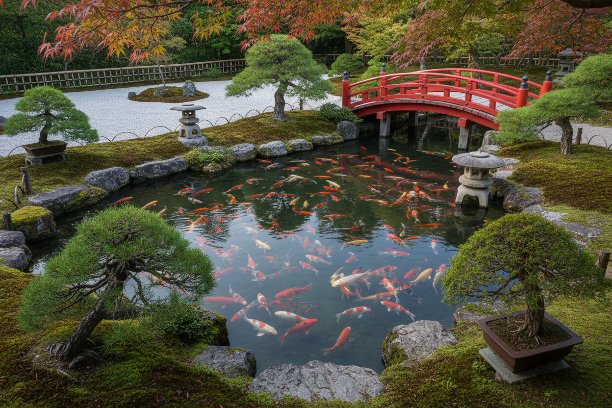 ein japanischen gartzen mit wunderschönen koi teich im japanischen stille